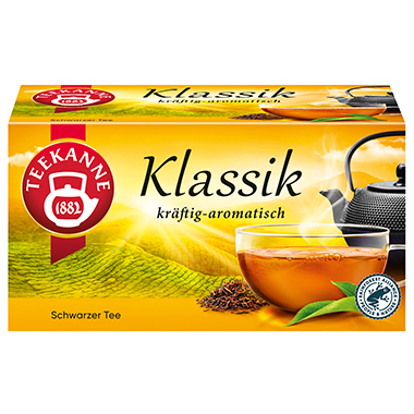 Packung für Klassik Schwarztee mit Teekanne und einer Tasse auf grünem Hintergrund.